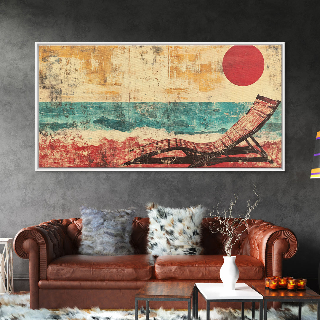 Red Sun Beach Chair Canvas Print, Coastal Wall Art, Ocean Waves Poster, Summer Beach House Decor For Bedroom And Living Room