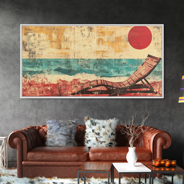 Red Sun Beach Chair Canvas Print, Coastal Wall Art, Ocean Waves Poster, Summer Beach House Decor For Bedroom And Living Room