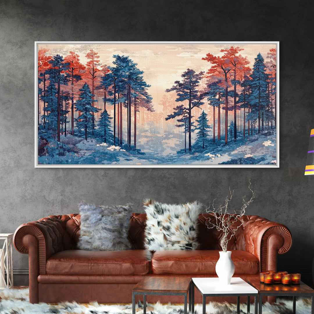 Misty Blue Pine Forest With Coral Autumn Trees Wall Art, Nature Landscape Print, Scandinavian Decor, Cozy Bedroom Wall Decor