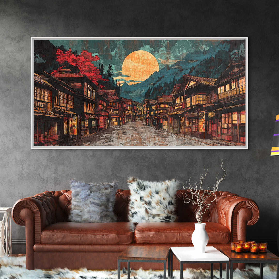 Moonlit Japanese Village Street With Red Maple Trees Framed Canvas Print, Japandi Wall Art, Moody Living Room Wall Decor