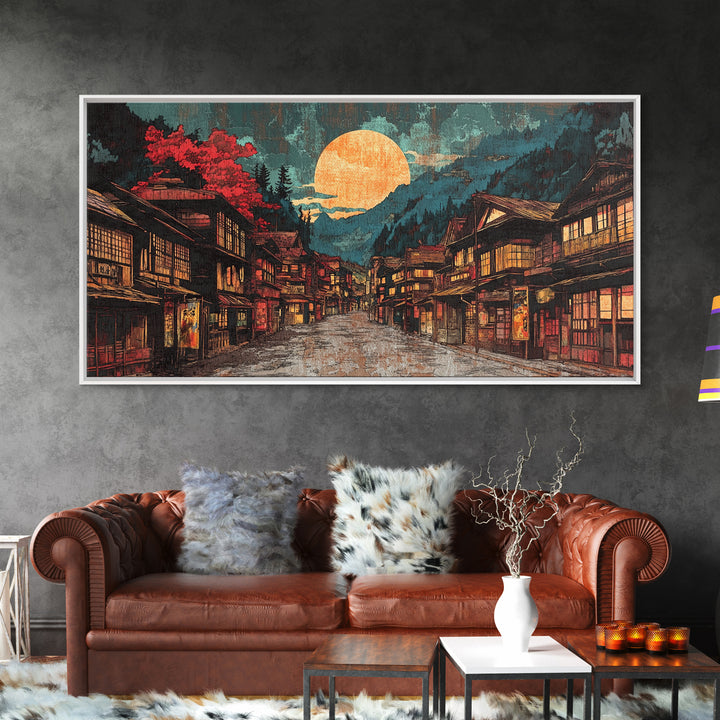 Moonlit Japanese Village Street With Red Maple Trees Framed Canvas Print, Japandi Wall Art, Moody Living Room Wall Decor