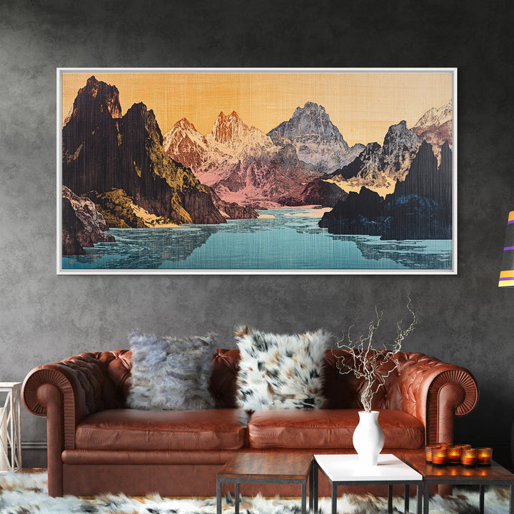 Dramatic Alpine Lake With Rugged Mountain Peaks Wall Art, Panoramic Landscape Print, Rustic Nature Decor, Large Canvas Print