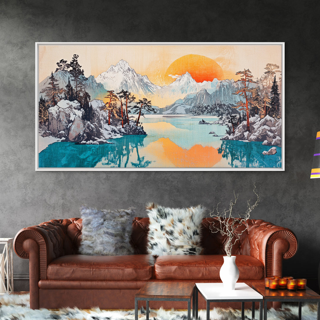 Serene Alpine Lake With Snowy Peaks And Orange Sun Framed Canvas Print, Mountain Wall Art, Japandi Nature Living Room Home Decor
