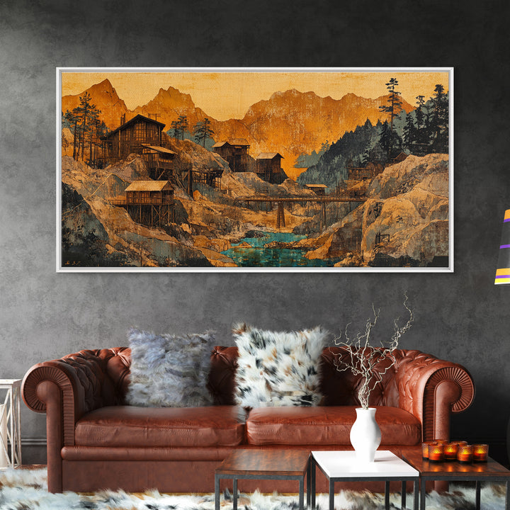 Rustic Mountain Mining Village Framed Canvas Print, Japanese Landscape Wall Art, Cabin Decor, Office Decor, Housewarming Gift