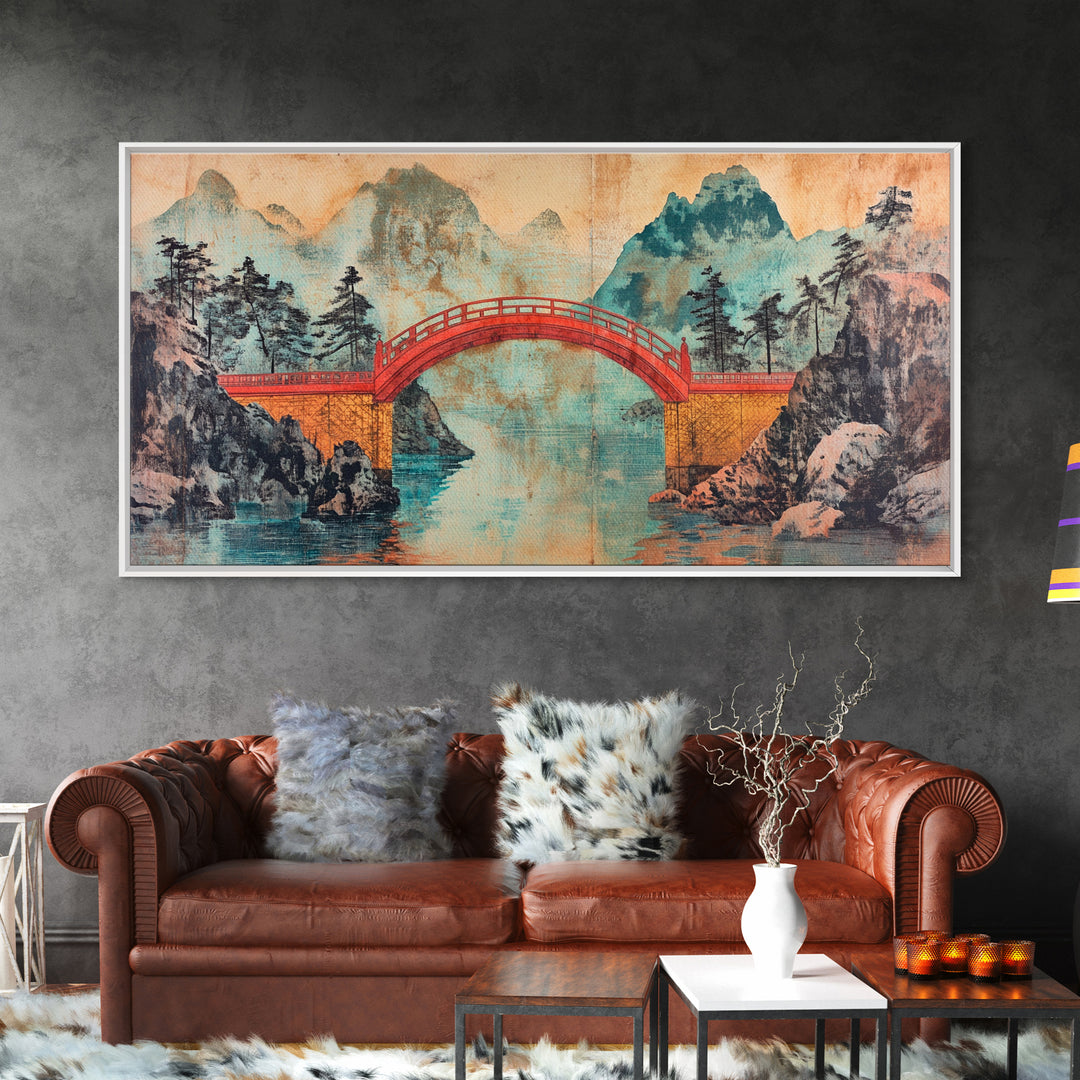 Red Arch Bridge Mountain Lake Canvas Print, Japanese Wall Art, Serene Landscape Art, Zen Home Decor, Living Room Wall Decor