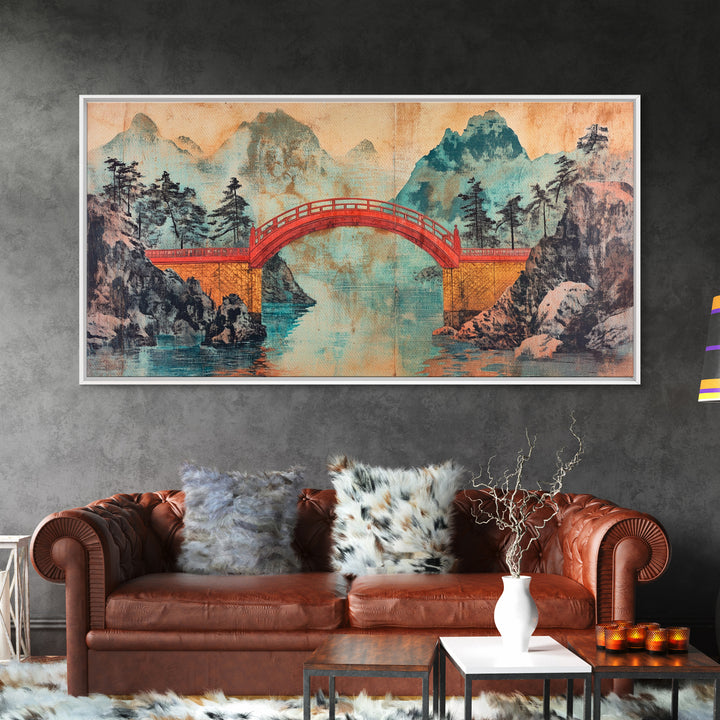 Red Arch Bridge Mountain Lake Canvas Print, Japanese Wall Art, Serene Landscape Art, Zen Home Decor, Living Room Wall Decor