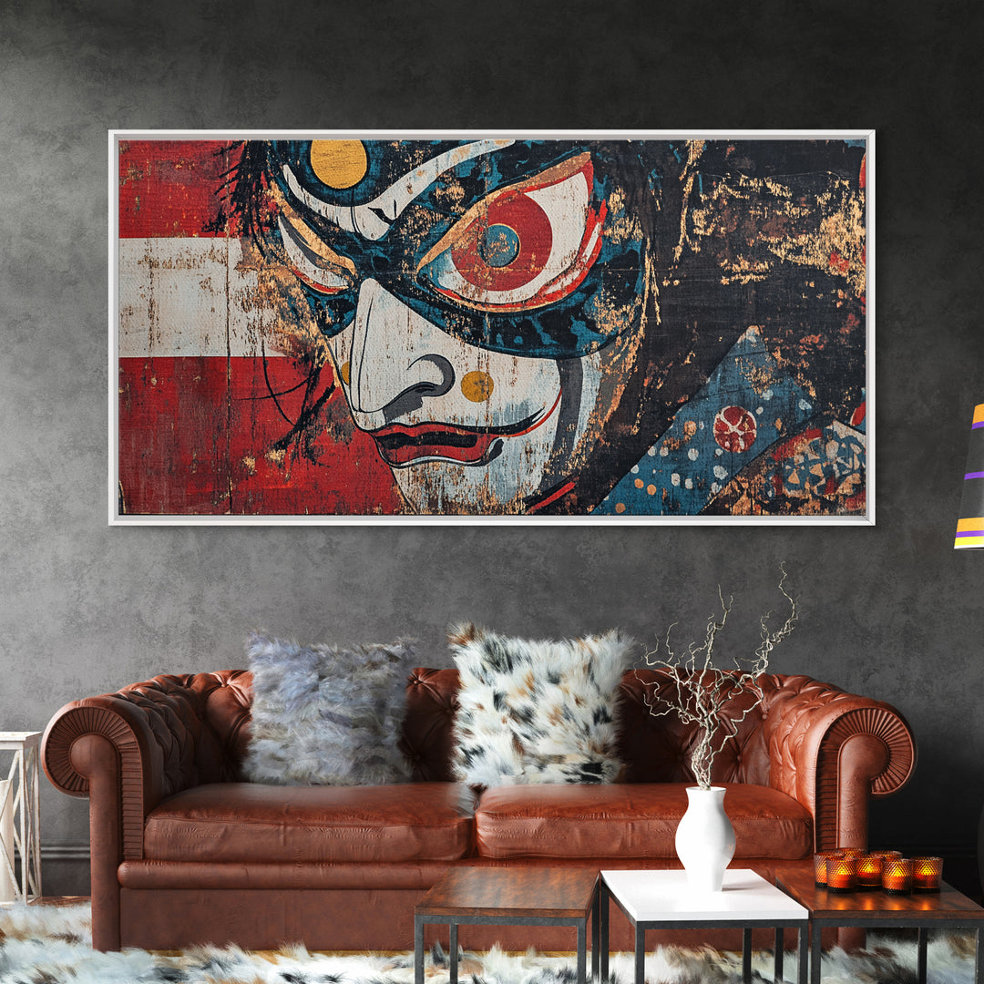 Kabuki Mask Theater Face Framed Canvas Print, Japanese Wall Art, Dramatic Wall Decor, Asian Inspired Art, Statement Artwork