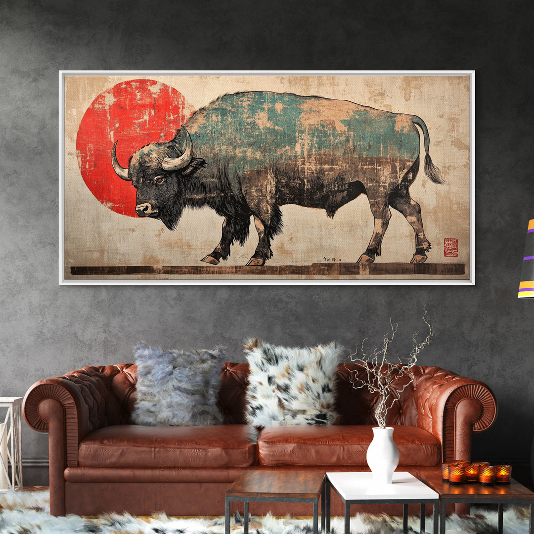 Walking Bison Red Sun Canvas Print, Western Wall Art, Buffalo Art Print, Rustic Home Decor, Masculine Office Wall Decor, Gift For Him
