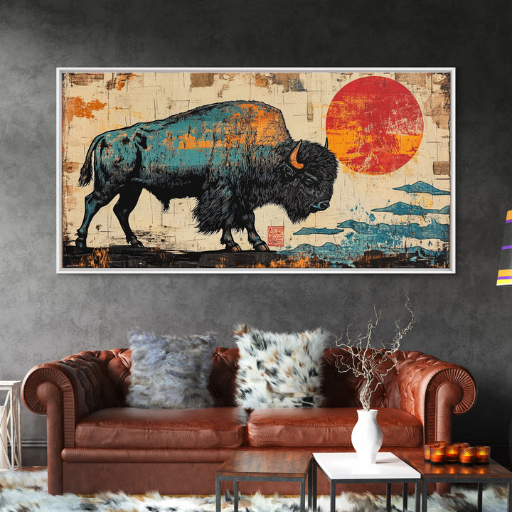 Textured Bison Red Sun Framed Canvas Print, Western Wall Art, Buffalo Wall Decor, Rustic Farmhouse Decor, Gift For Him, Office Decor
