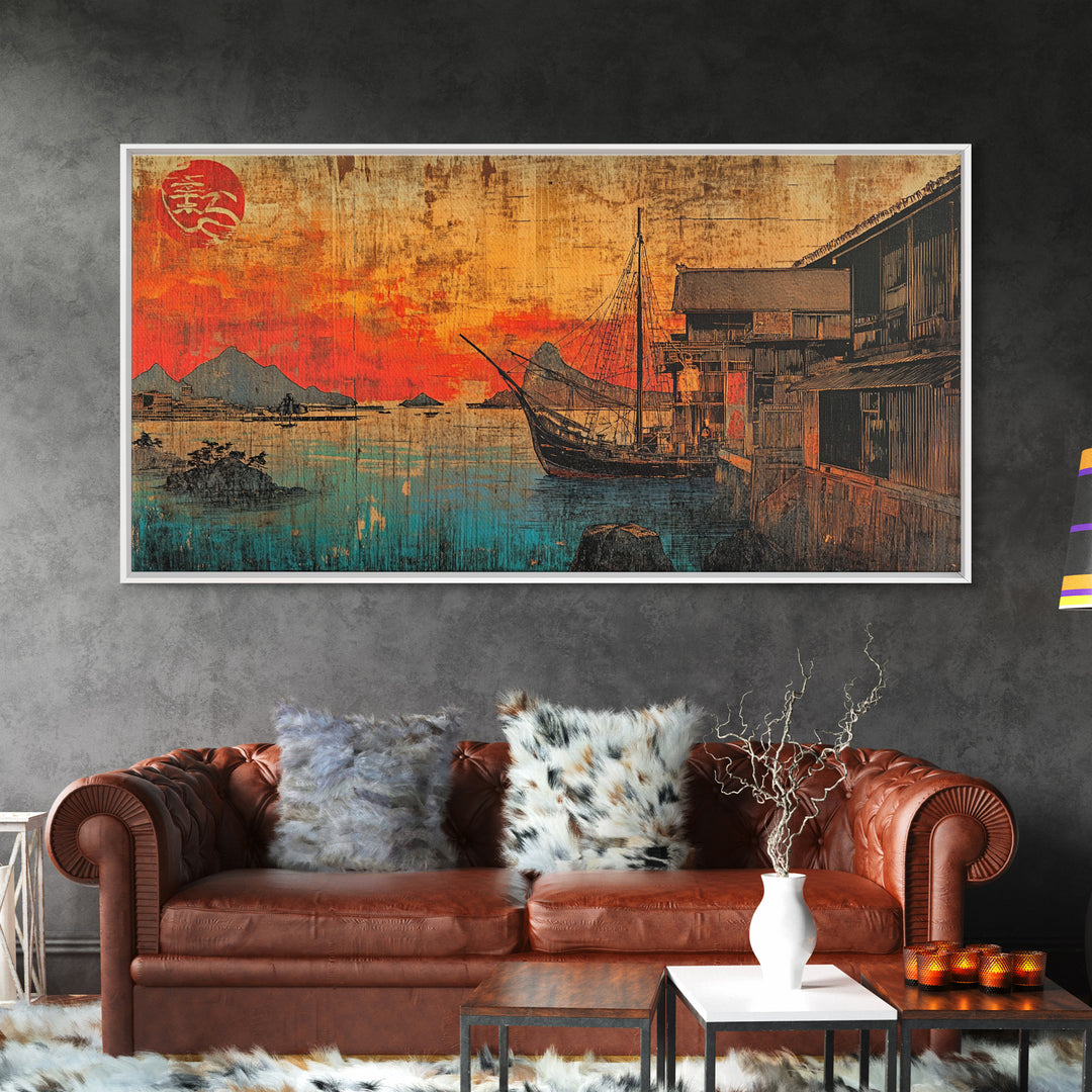 Sunset Harbor Boat Village Canvas Print, Japanese Coastal Wall Art, Nautical Decor, Travel Poster, Living Room Wall Decor