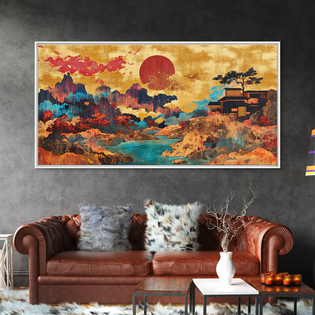 Red Sun Mountain River Wall Art, Japanese Landscape Canvas, Asian Inspired Decor, Panoramic Print, Living Room Decor, Modern Home Decor