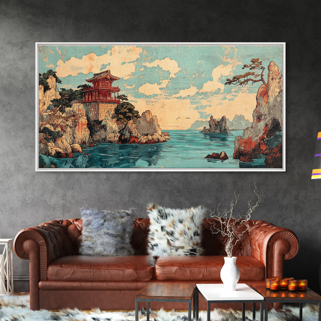 Clifftop Pagoda Ocean Canvas Print, Japanese Coastal Landscape Wall Decor, Asian Inspired Art, Travel Poster, Home Decor Art Print