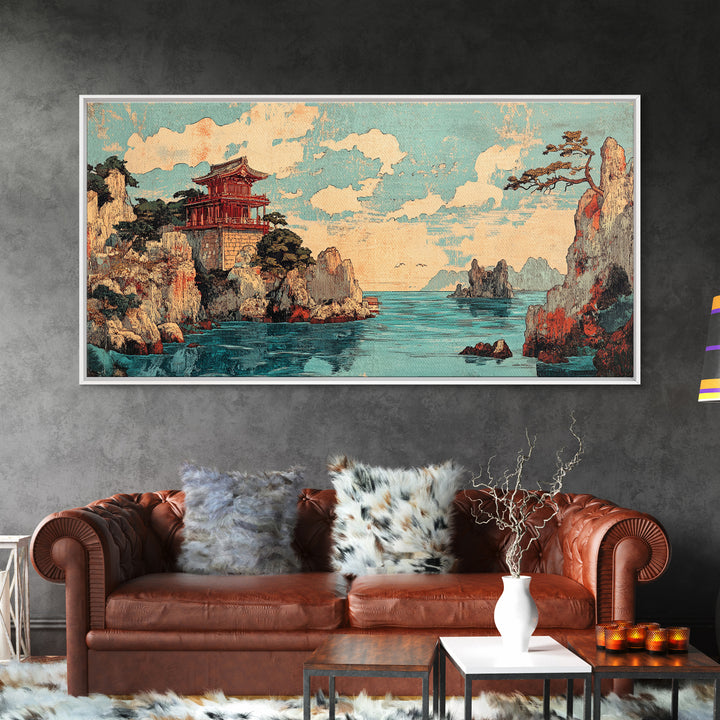 Clifftop Pagoda Ocean Canvas Print, Japanese Coastal Landscape Wall Decor, Asian Inspired Art, Travel Poster, Home Decor Art Print