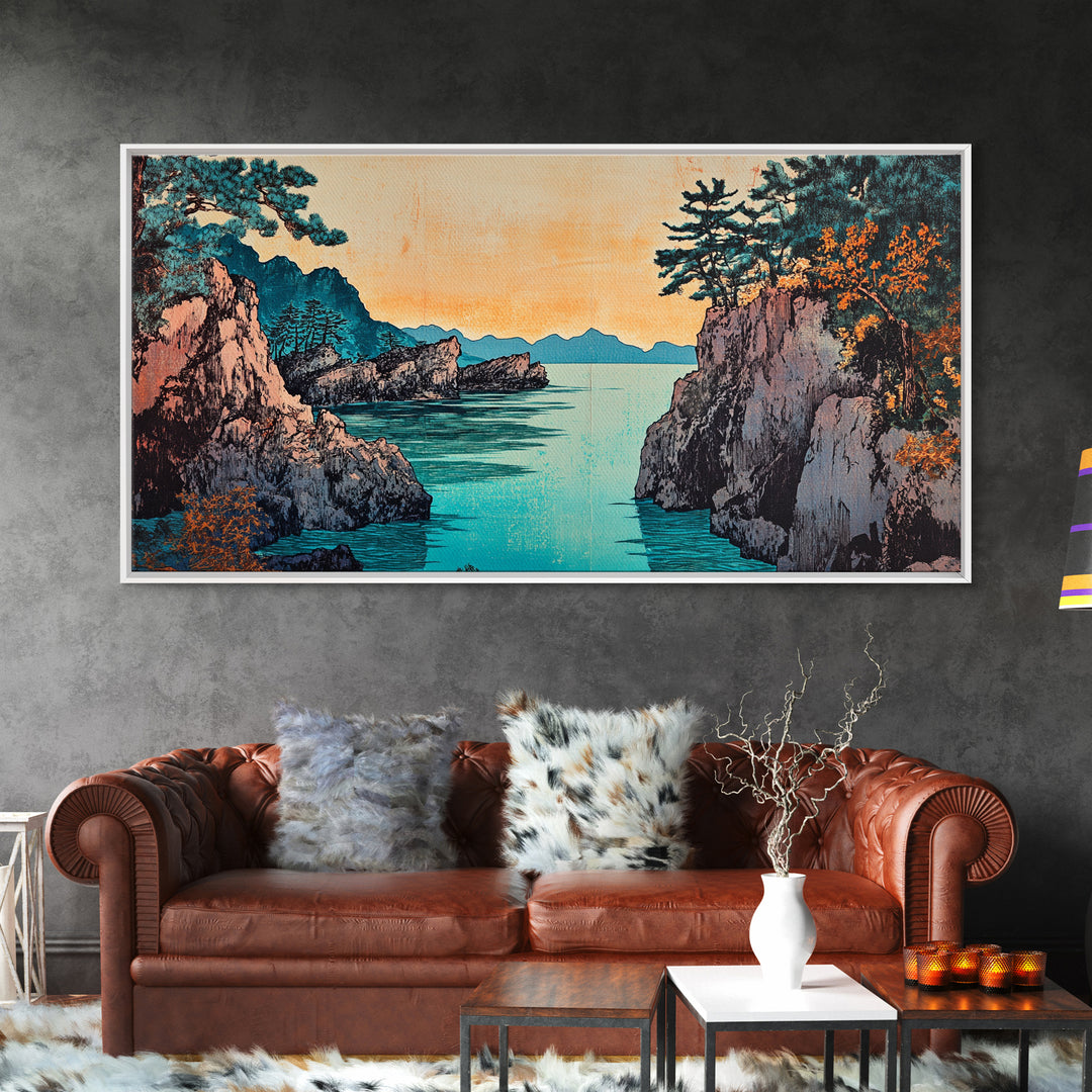 Rocky Pine Sea Inlet Framed Canvas Print, Japanese Coastal Wall Art, Autumn Landscape, Modern Living Room Decor, Home Decor