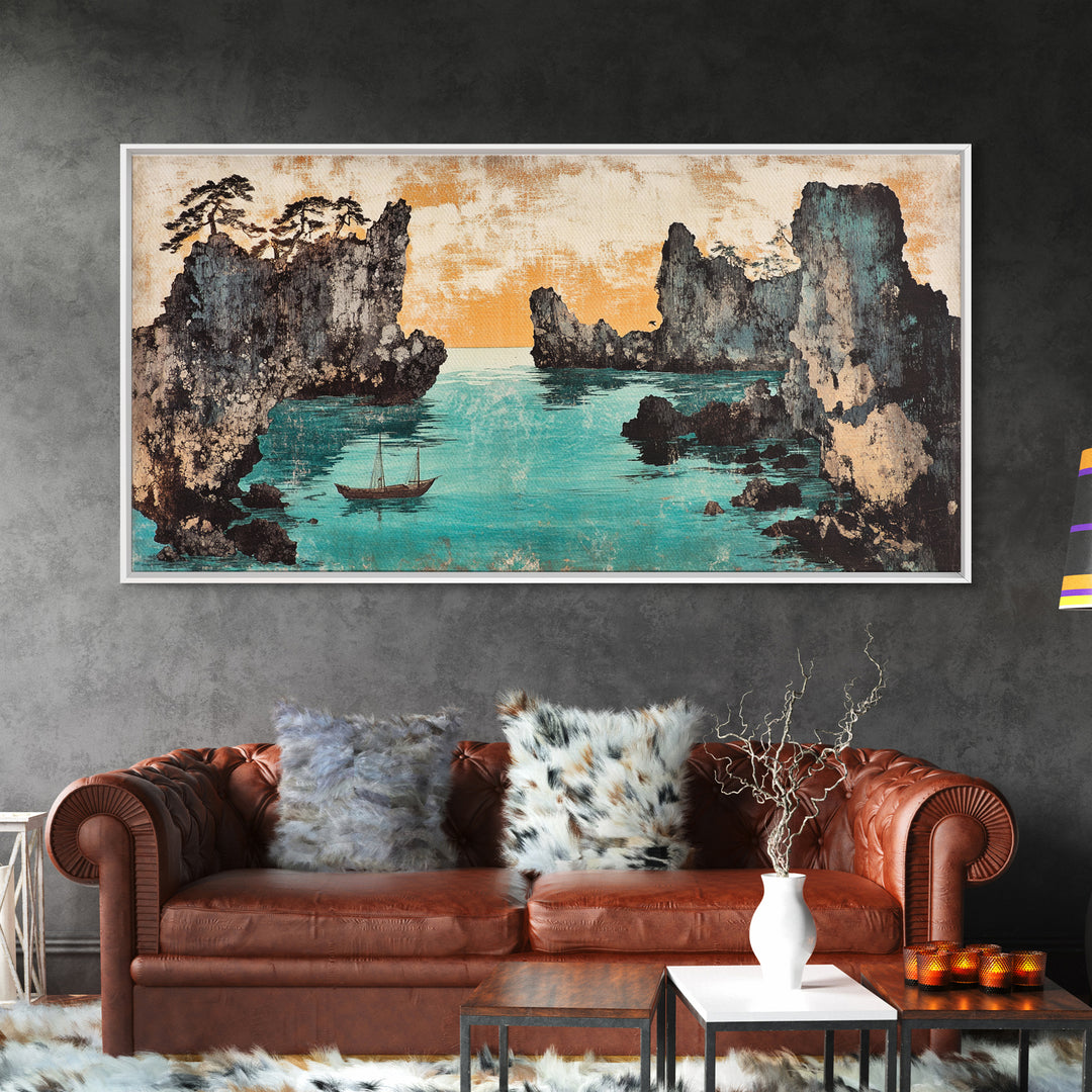 Turquoise Cove And Sailboat Wall Art, Japanese Seascape Print, Coastal Wall Decor, Panoramic Canvas Home Decor, Living Room Decor