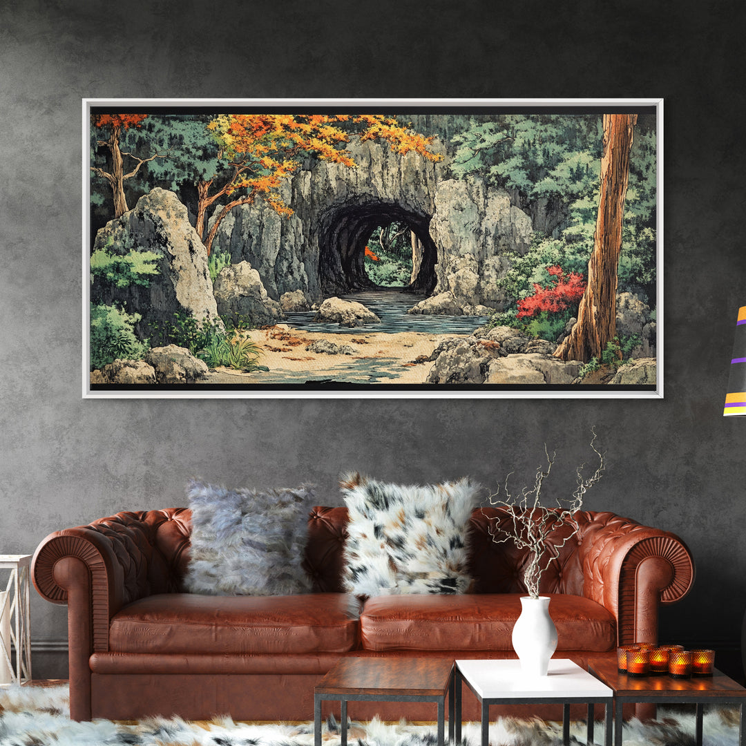 Stone Moon Gate Garden Canvas Print, Japanese Forest Stream Wall Art, Zen Home Decor, Japandi Living Room Wall Decor Art Print