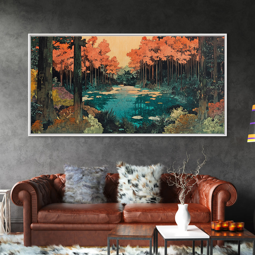 Autumn Forest Pond Canvas Print, Orange Trees And Lily Pads Wall Art, Japandi Nature Decor, Cozy Living Room Decor, Home Decor