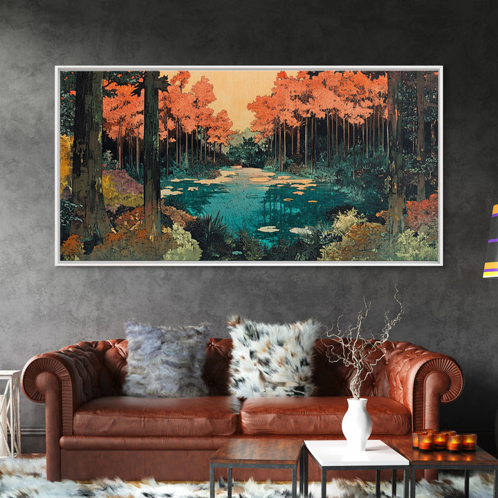 Autumn Forest Pond Canvas Print, Orange Trees And Lily Pads Wall Art, Japandi Nature Decor, Cozy Living Room Decor, Home Decor