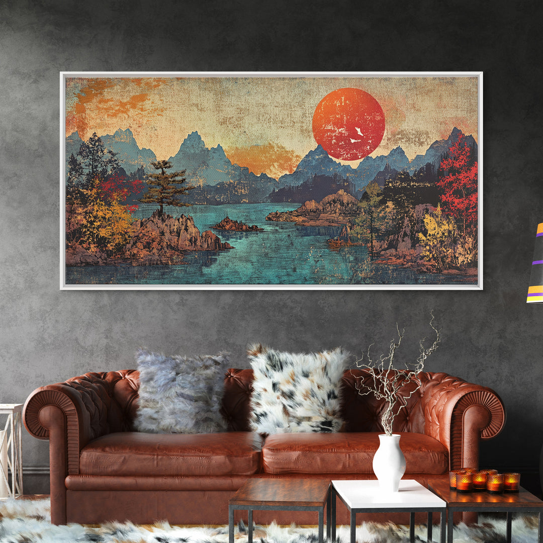 Red Sun Mountain Lake Wall Art, Japanese Landscape Print, Panoramic Canvas, Moody Nature Decor, Living Room Decor, Home Decor