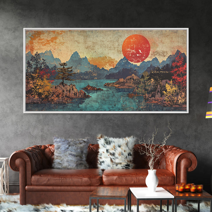 Red Sun Mountain Lake Wall Art, Japanese Landscape Print, Panoramic Canvas, Moody Nature Decor, Living Room Decor, Home Decor