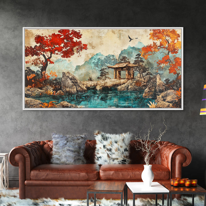 Red Maple Lake Pavilion Framed Canvas Print, Japanese Garden Wall Art, Asian Landscape Decor, Living Room Wall Decor Art Print