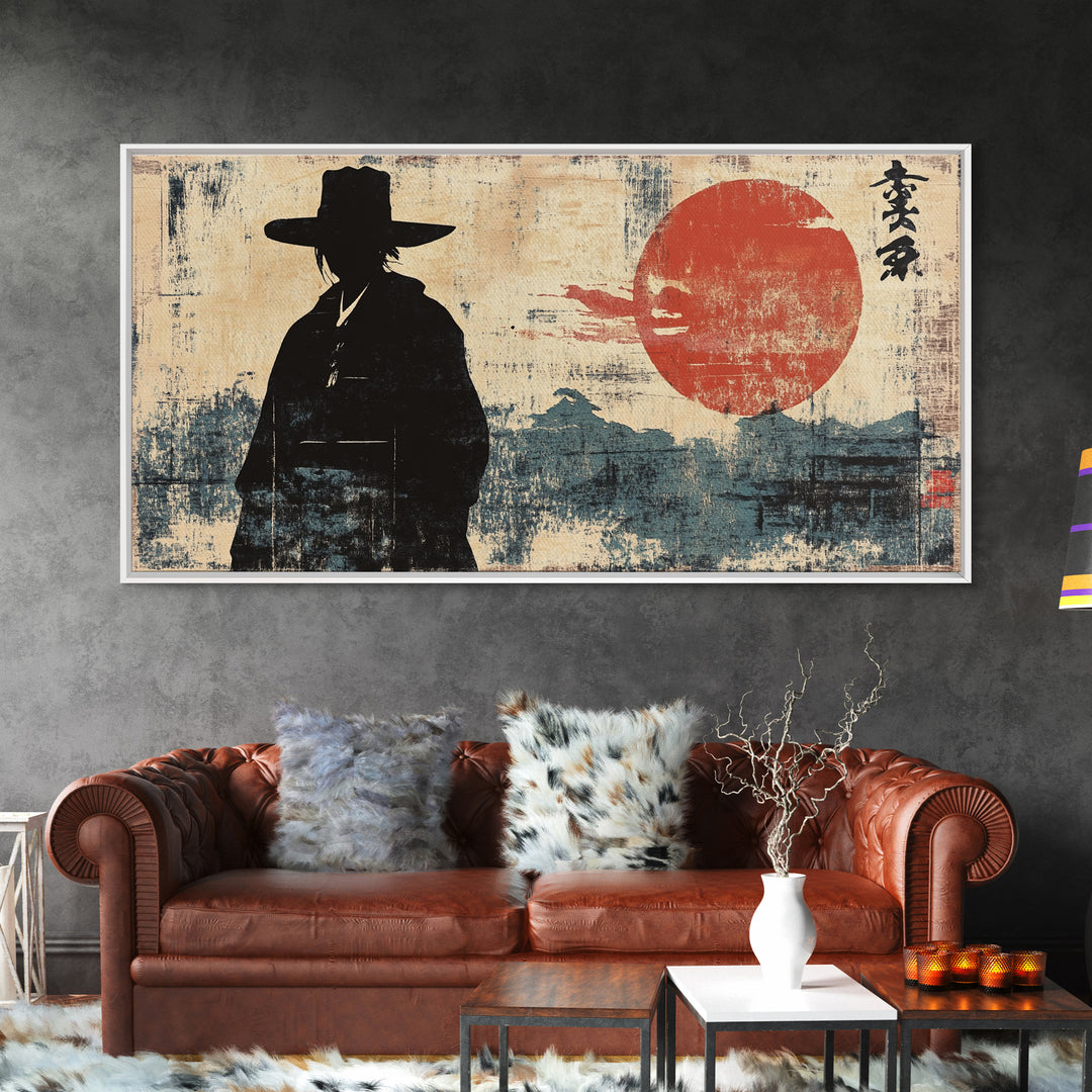 Samurai Silhouette Red Sun Wall Art, Japanese Warrior Print, Asian Inspired Decor, Masculine Office Wall Decor, Home Decor