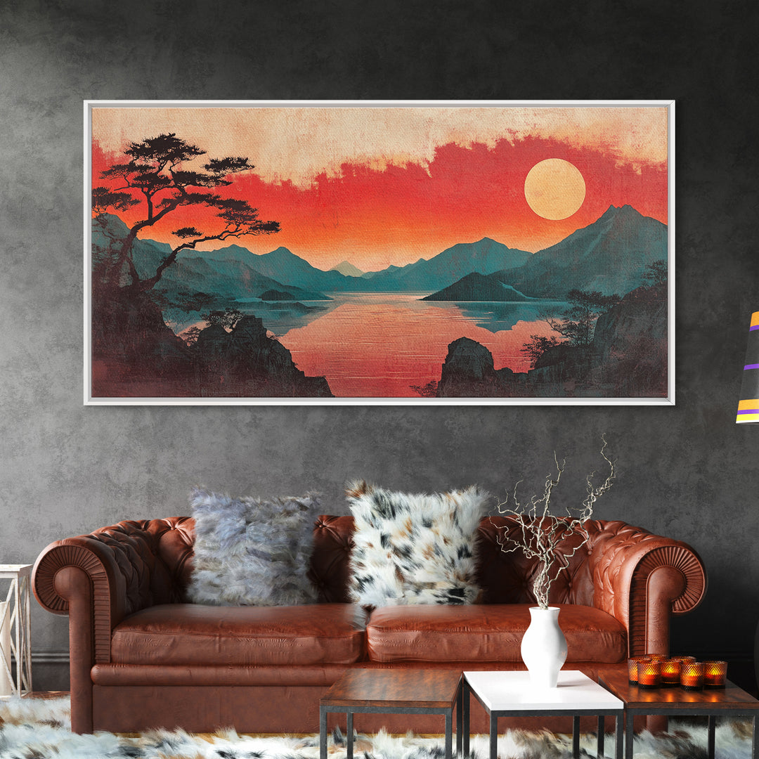 Crimson Sunset Mountain Lake Canvas Print, Japanese Landscape Wall Art, Red Sky Decor, Panoramic Living Room Decor, Home Decor