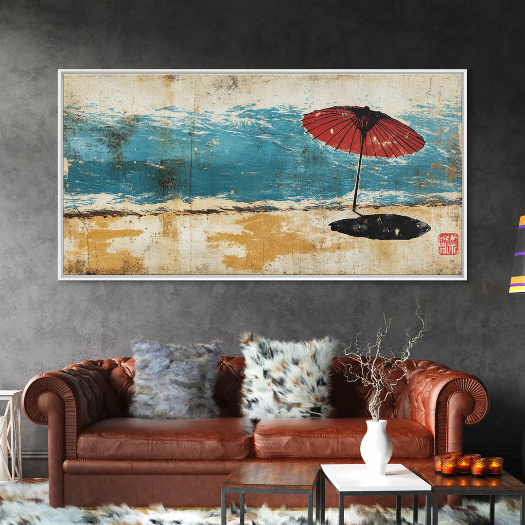 Red Beach Umbrella By Turquoise Waves Wall Art, Japanese Coastal Canvas Print, Beach House Decor, Ocean Wall Decor Gift For Her