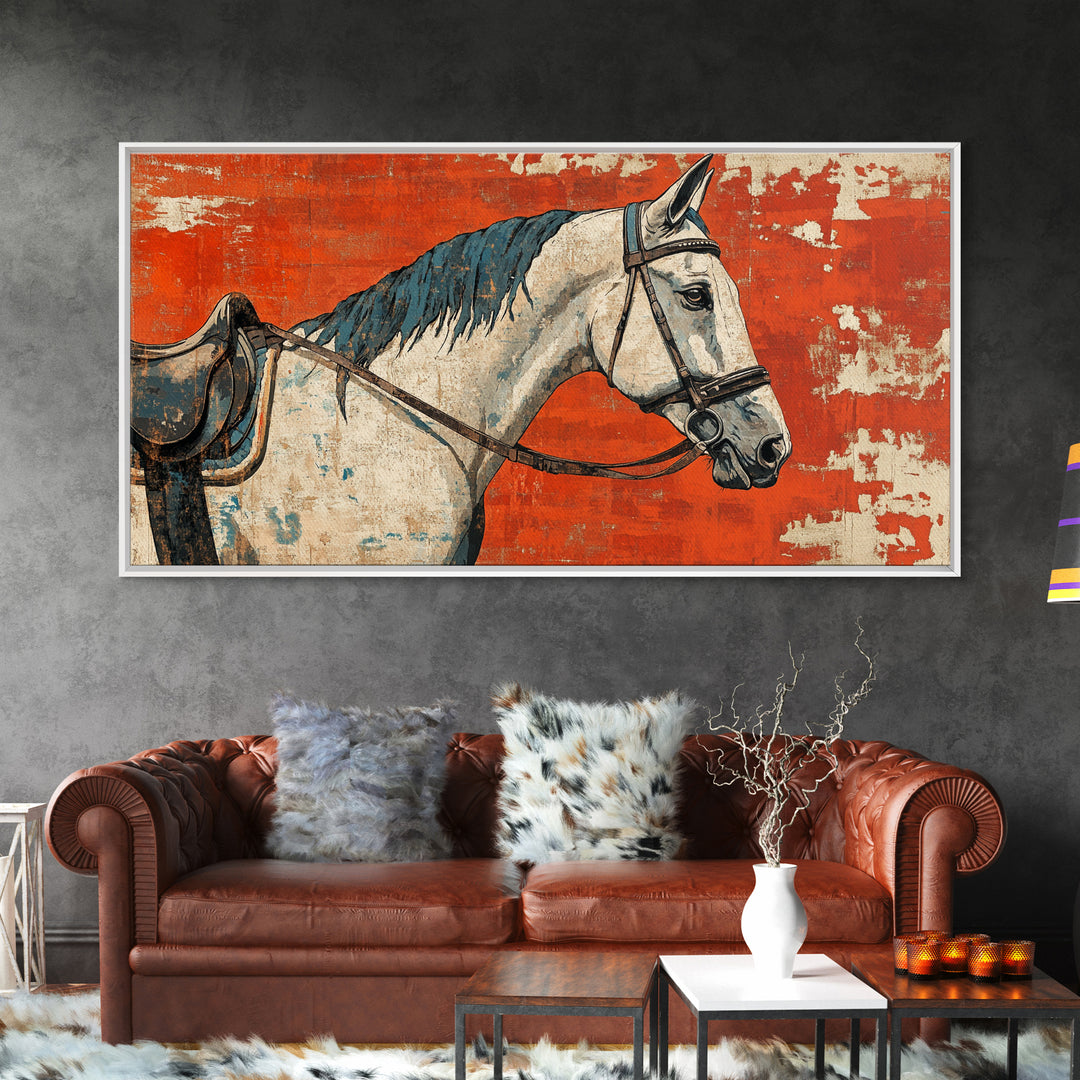 White Horse Portrait On Orange Rustic Wall Art, Western Equestrian Canvas Print, Farmhouse Decor, Horse Lover Gift For Her