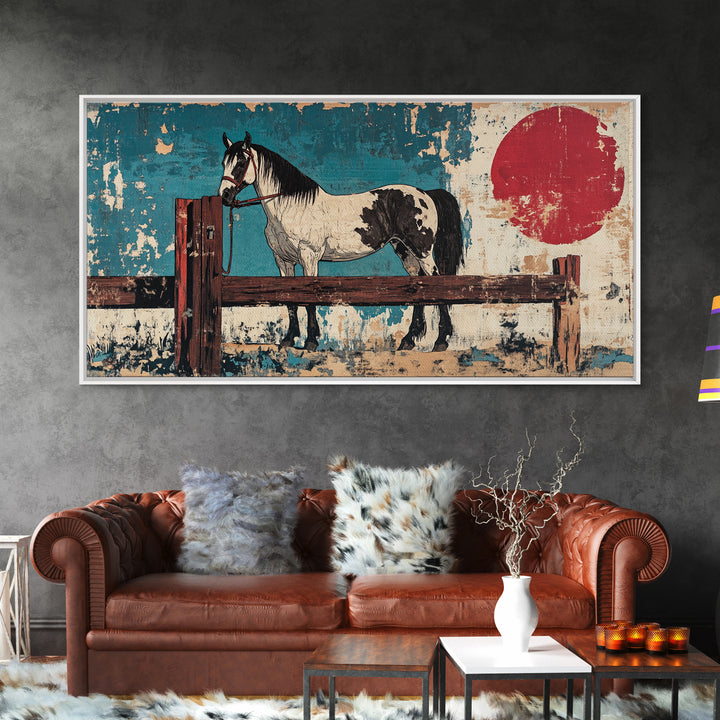 Black And White Paint Horse With Red Sun Wall Art, Western Equestrian Canvas Print, Rustic Farmhouse Decor, Horse Lover Gift