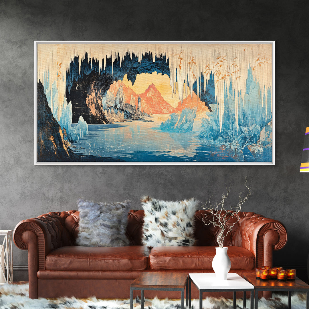 Glowing Ice Cave With Frozen Lake Wall Art, Arctic Landscape Canvas Print, Blue Mountain Decor, Fantasy Nature Art Gift Idea