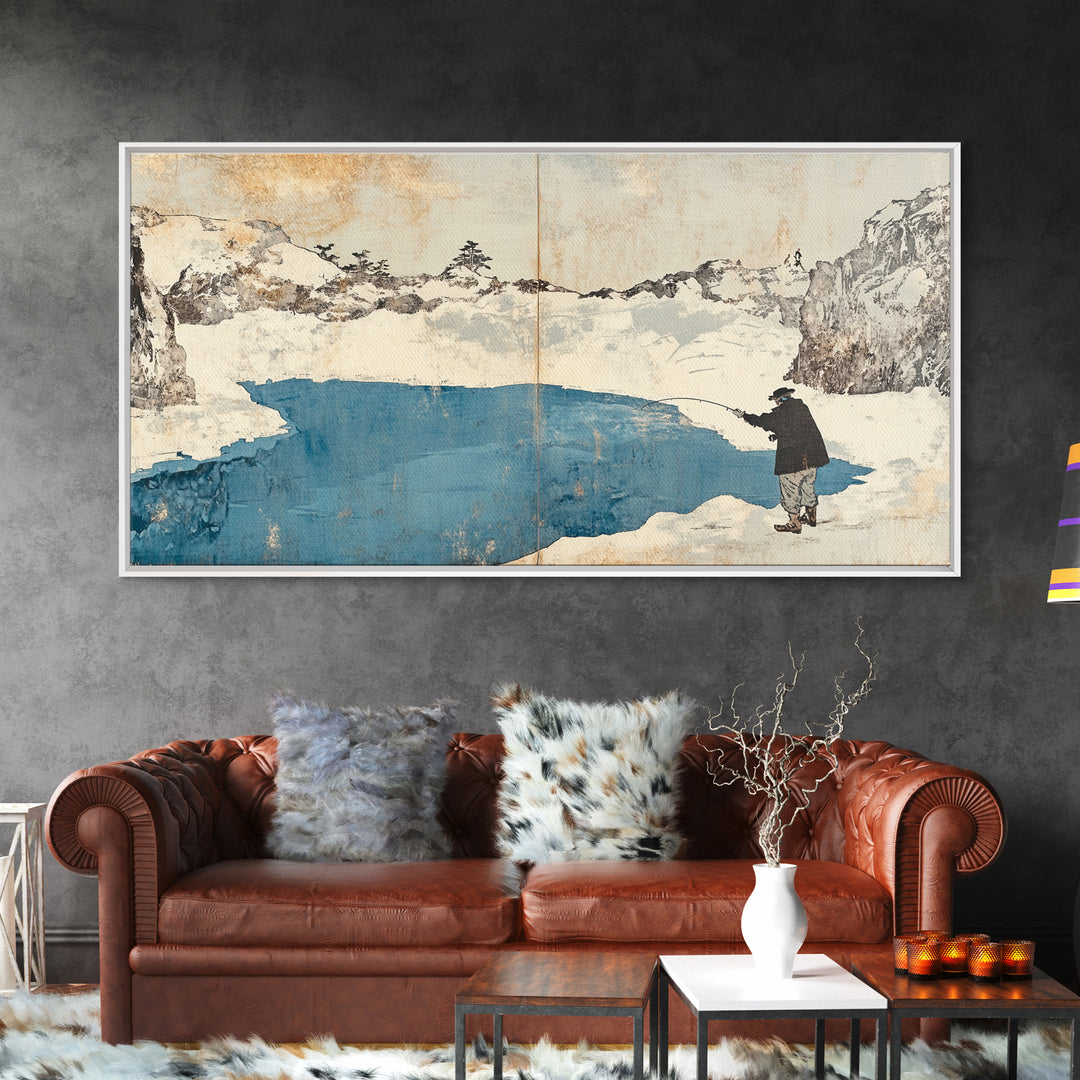 Lone Traveler Beside Snowy Blue Lake Wall Art, Japanese Landscape Canvas Print, Minimalist Winter Decor, Zen Home Decor Gift