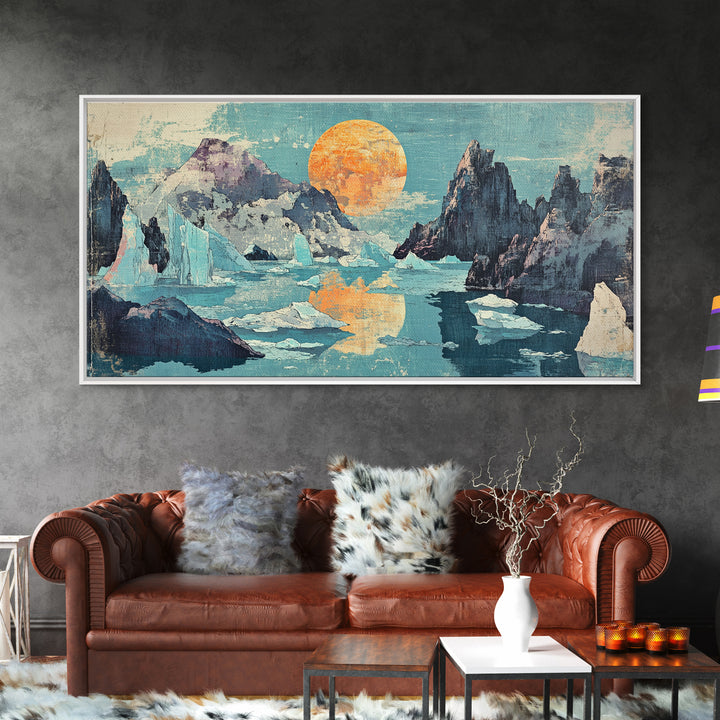 Orange Sun Over Icy Mountain Lake Wall Art, Abstract Landscape Canvas Print, Japandi Coastal Decor, Large Living Room Art