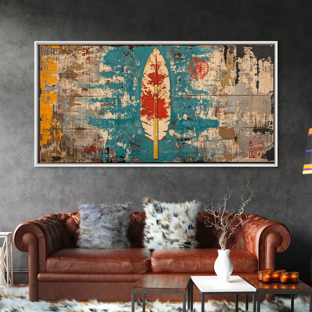 Red Feather On Turquoise Distressed Wall Art, Tribal Boho Canvas Print, Rustic Southwestern Decor, Unique Wall Decor Gift