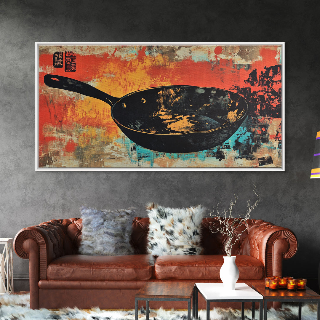 Black Wok Pan On Red Teal Background Wall Art, Kitchen Canvas Print, Rustic Food Decor, Dining Room Wall Decor Gift For Chef