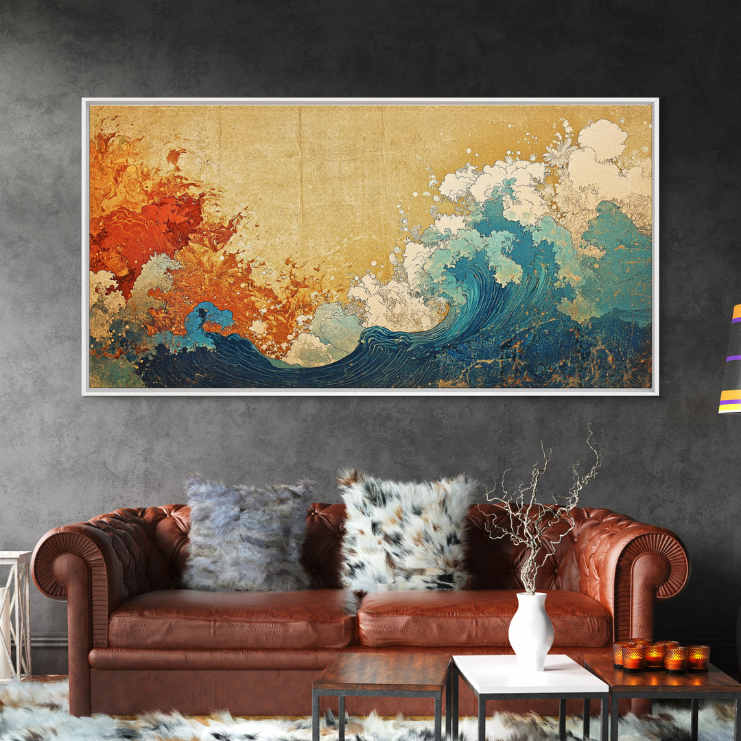 Fiery Orange And Blue Japanese Wave Canvas Print, Ocean Wall Art, Abstract Seascape For Coastal Home Decor And Living Room Decor