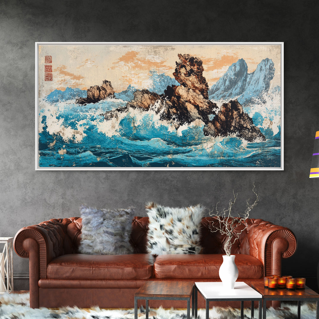 Rocky Blue Ocean Cliffs In Japanese Style Framed Canvas Print, Seascape Wall Art For Coastal Decor And Nautical Home Decor
