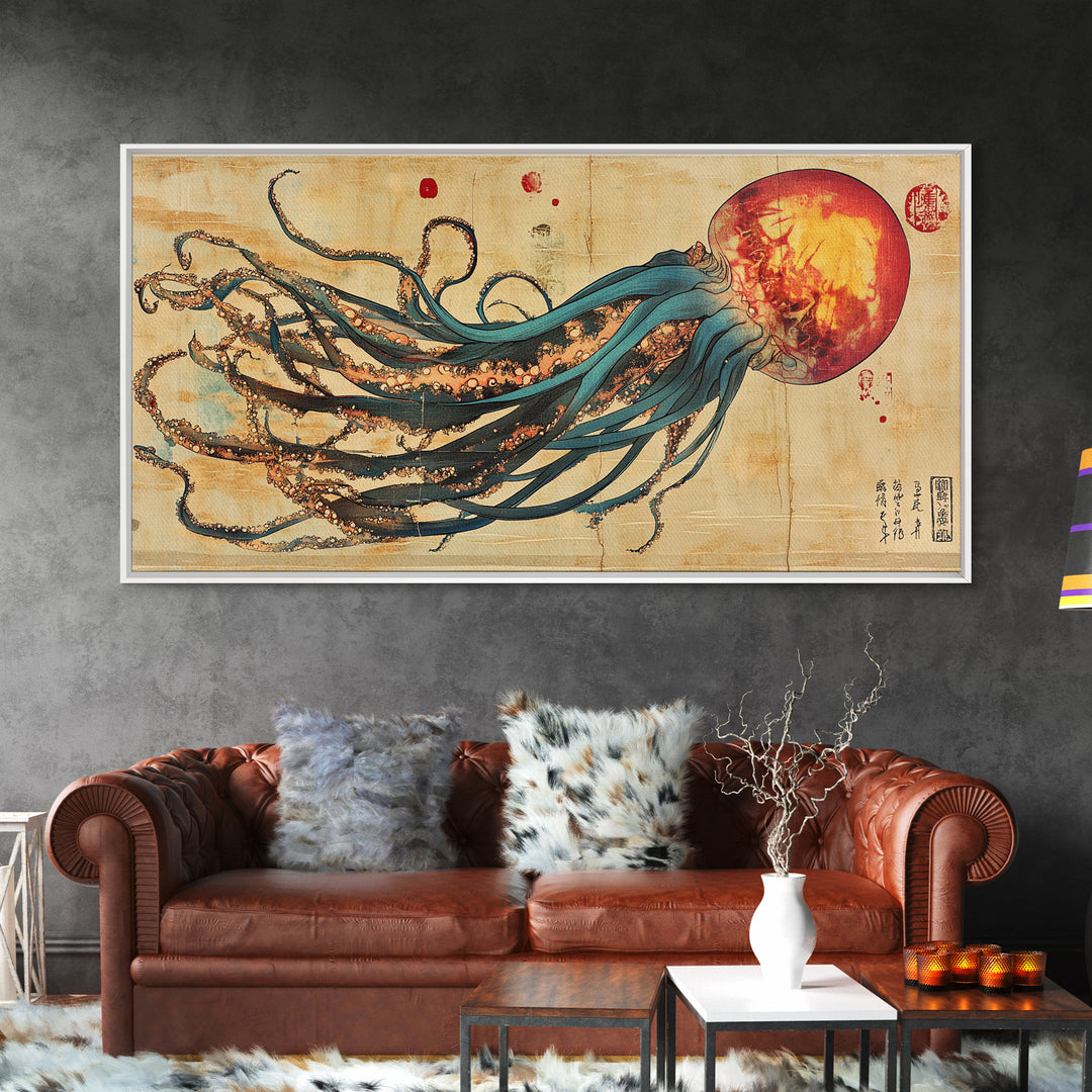 Giant Squid With Red Sun Japanese Wall Art, Octopus Canvas Print For Marine Life Decor, Coastal Statement Artwork For Living Room Decor
