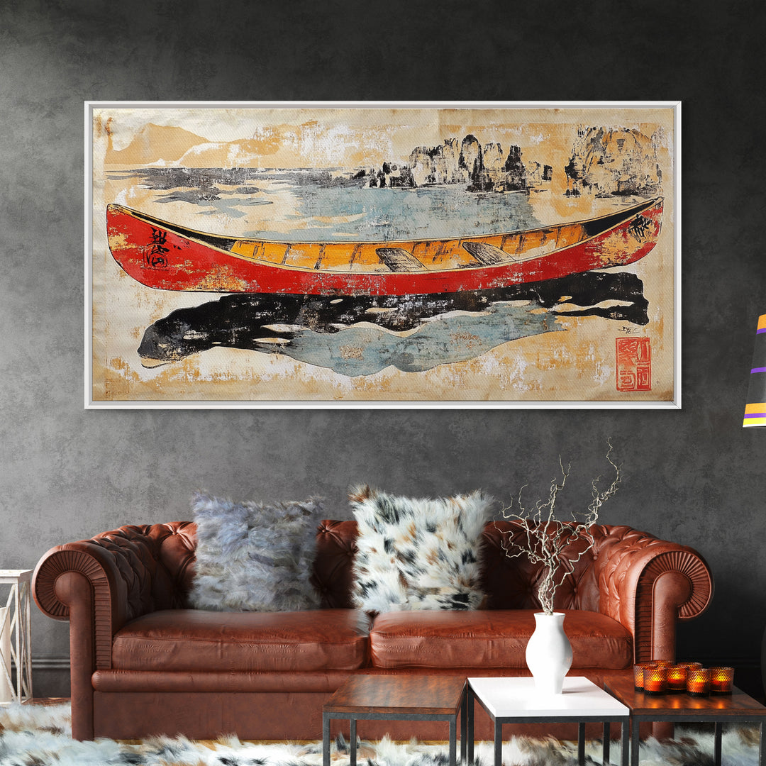 Red And Yellow Canoe On Rugged Shore Framed Canvas Print, Nautical Wall Art For Lake House Decor And Coastal Home Decor Art