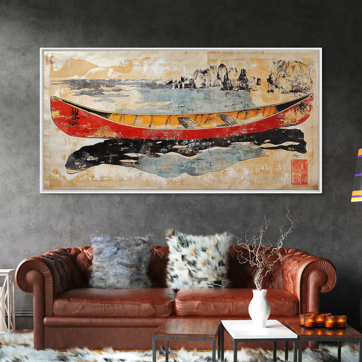 Red And Yellow Canoe On Rugged Shore Framed Canvas Print, Nautical Wall Art For Lake House Decor And Coastal Home Decor Art
