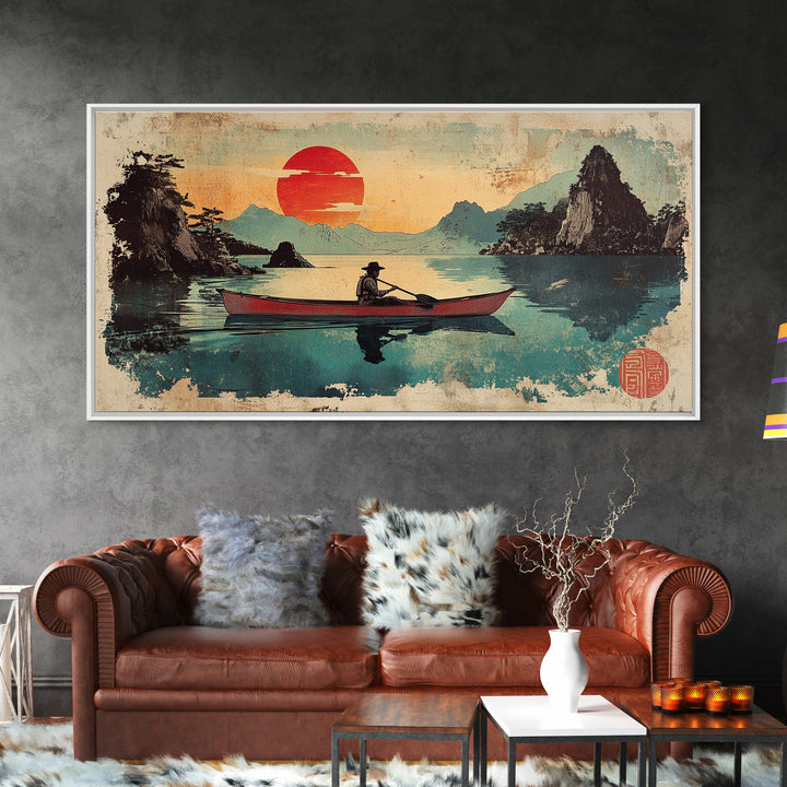 Fisherman Rowboat On Misty Mountain Lake Wall Art, Japanese Landscape Canvas Print For Zen Home Decor And Living Room Decor