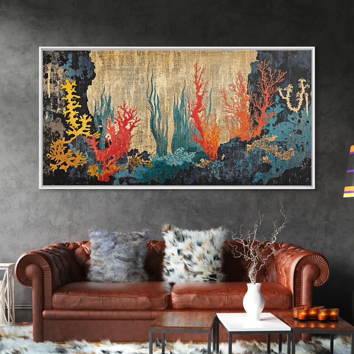 Vibrant Coral Reef Underwater Scene Framed Canvas Print, Ocean Wall Art For Coastal Decor, Marine Life And Beach House Decor