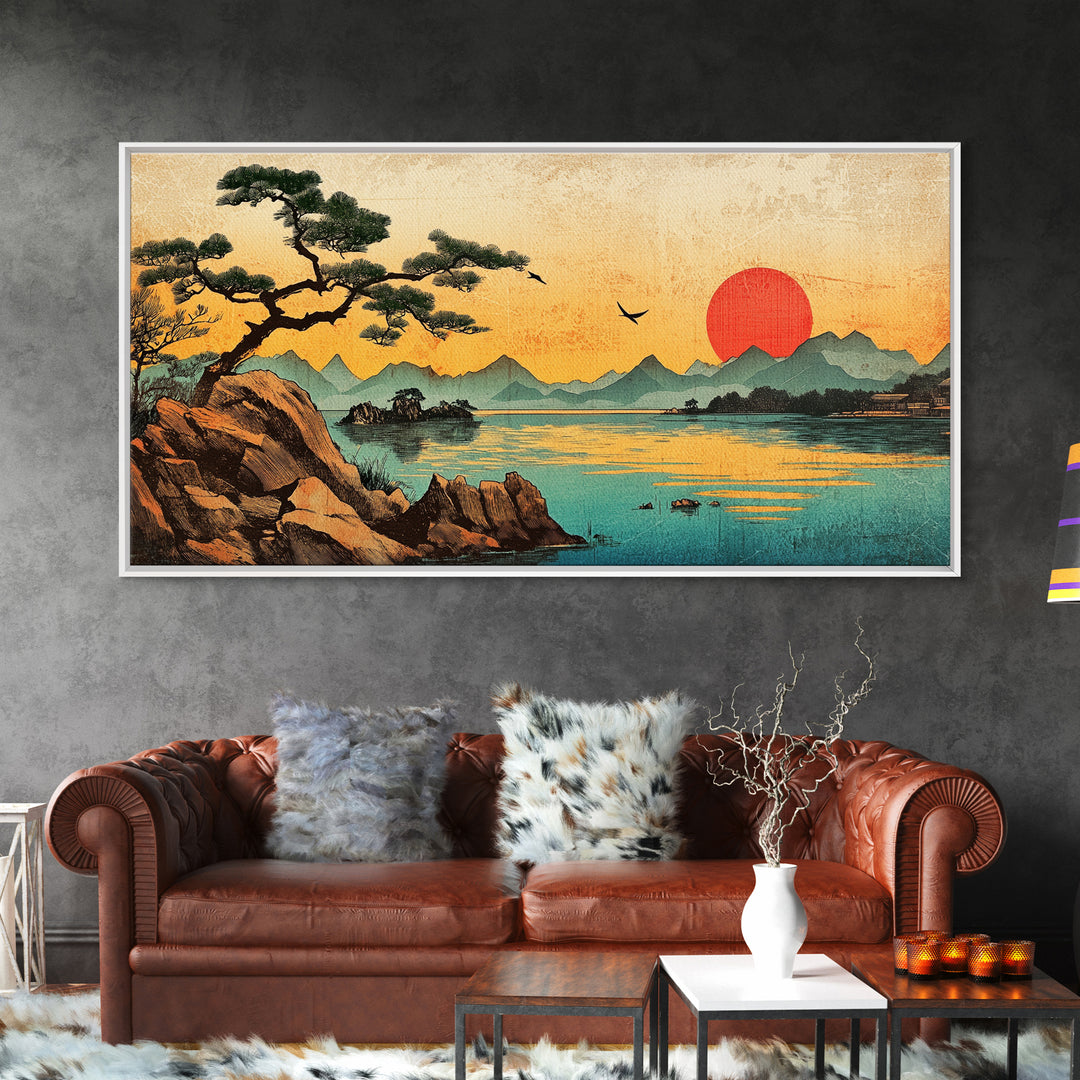 Pine Tree Sunset Over Mountain Lake Wall Art, Japanese Landscape Canvas Print For Zen Decor And Coastal Living Room Decor