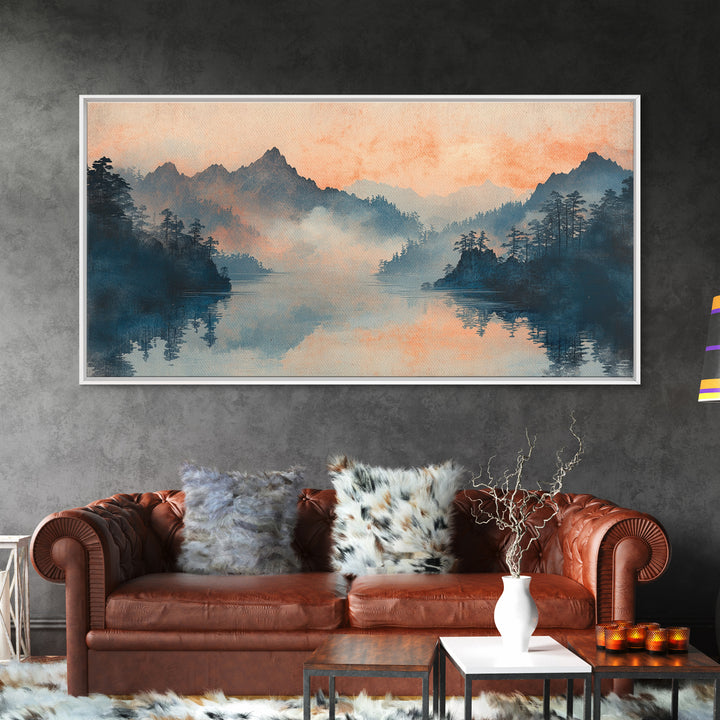 Misty Mountain Lake Sunrise Wall Art, Japanese Landscape Art Print, Serene Nature Decor, Large Horizontal Living Room Decor