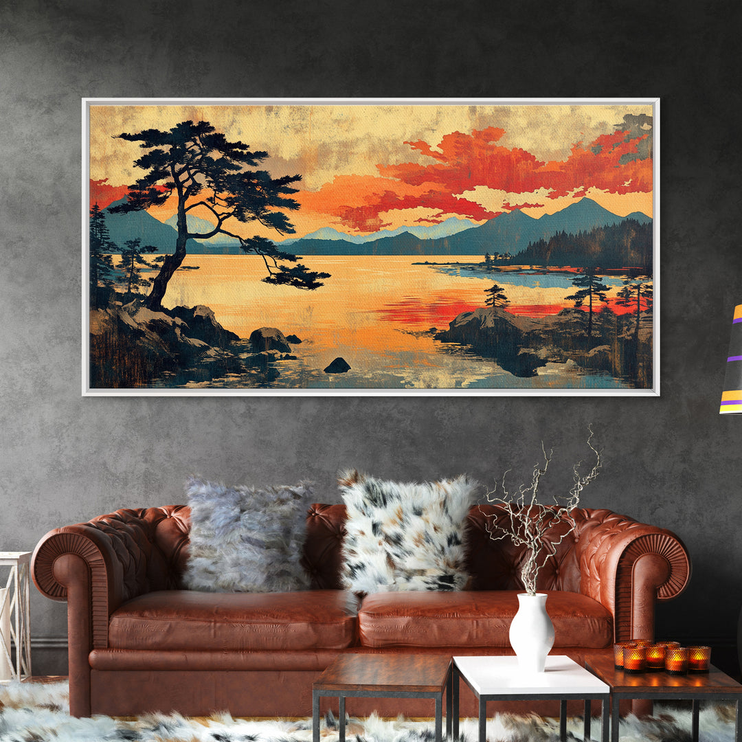 Orange Sunset Pine Lake Wall Art, Japanese Woodblock Landscape Print, Rustic Cabin Decor, Large Nature Art For Living Room