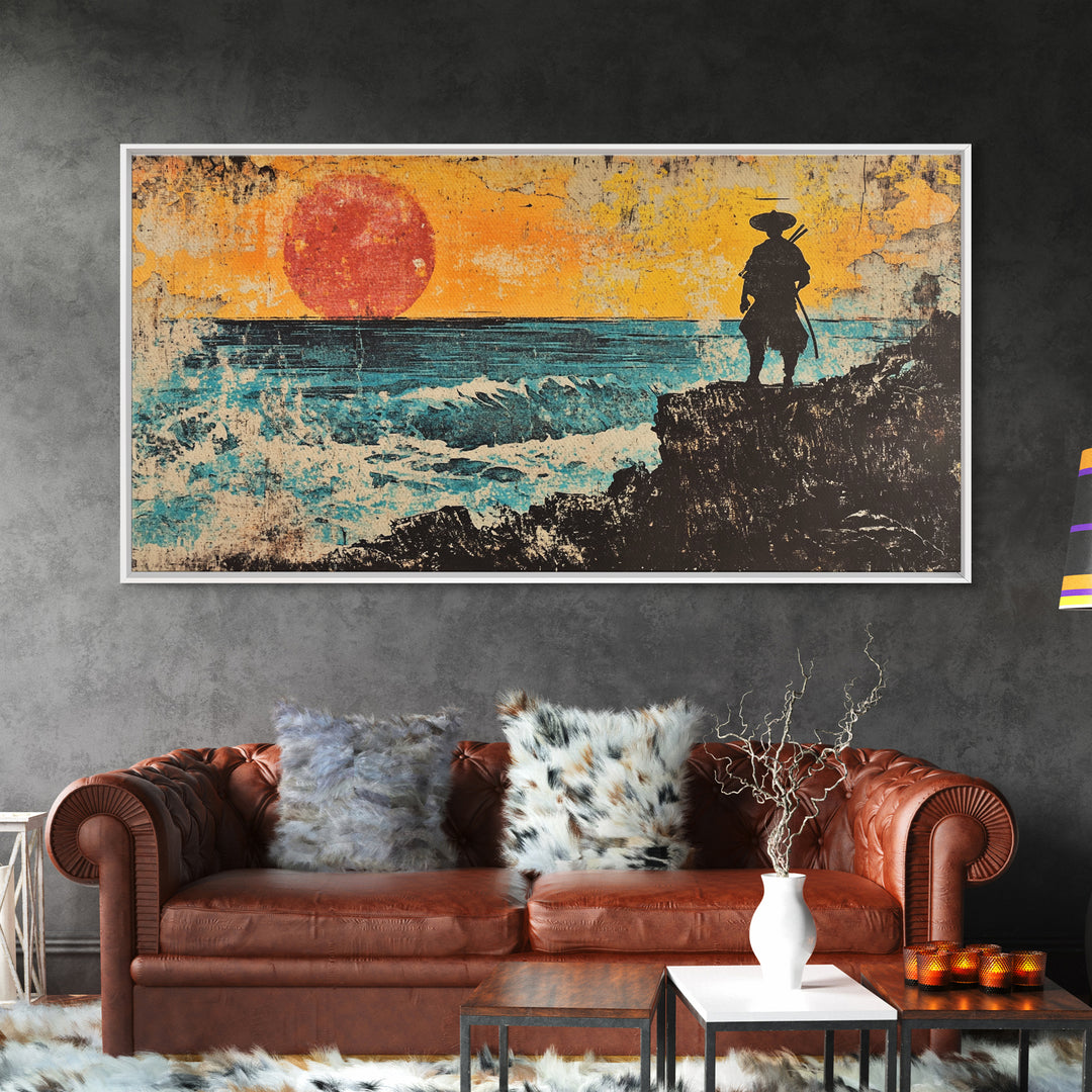 Samurai Ocean Sunset Framed Canvas Print, Japanese Warrior Wall Art, Coastal Seascape Decor, Bold Gift For Him, Man Cave Decor