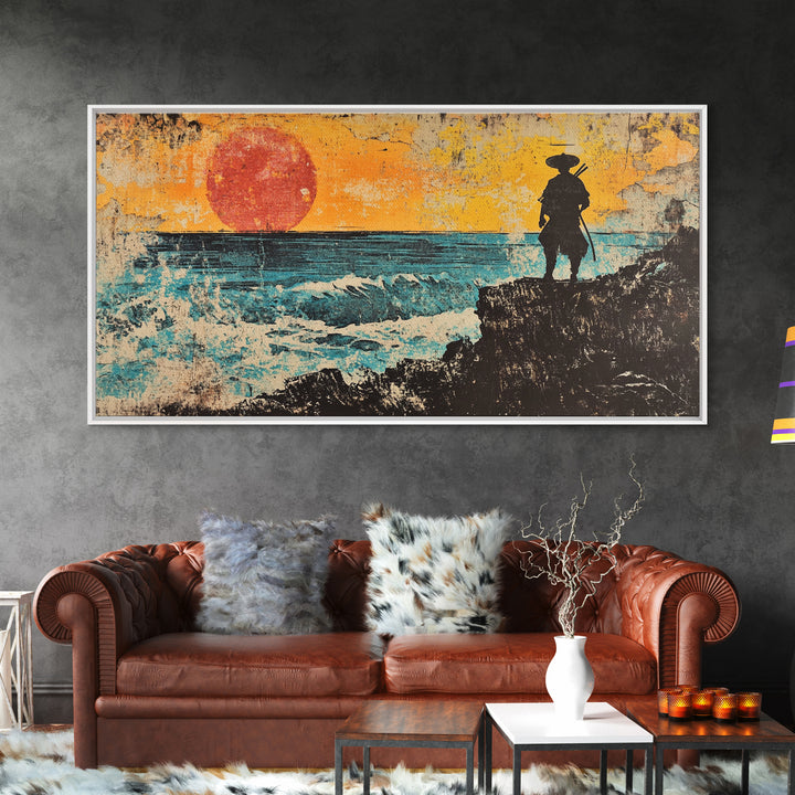 Samurai Ocean Sunset Framed Canvas Print, Japanese Warrior Wall Art, Coastal Seascape Decor, Bold Gift For Him, Man Cave Decor