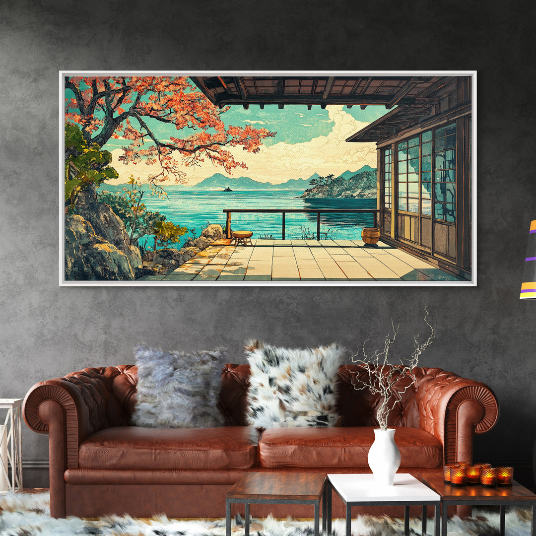 Japanese Seaside Veranda Canvas Print, Turquoise Ocean Wall Art, Zen Coastal Home Decor, Japandi Living Room Wall Decor Art