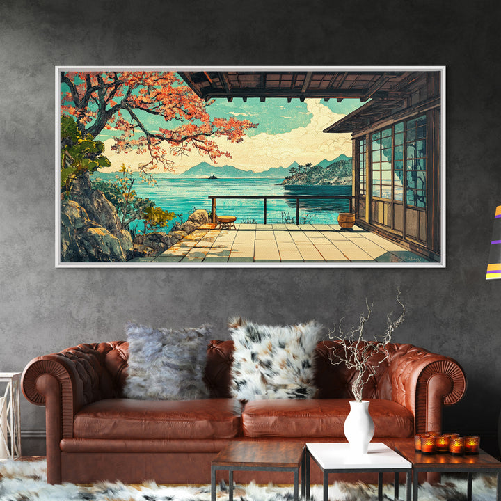 Japanese Seaside Veranda Canvas Print, Turquoise Ocean Wall Art, Zen Coastal Home Decor, Japandi Living Room Wall Decor Art