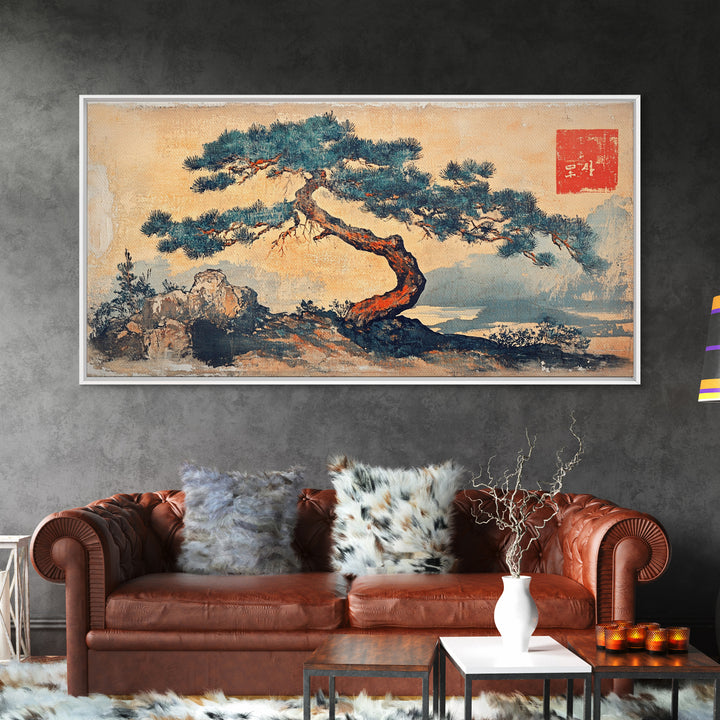 Windswept Pine Tree Wall Art, Japanese Ink Landscape Print, Zen Nature Decor, Minimalist Coastal Framed Canvas Print, Serene Home Decor